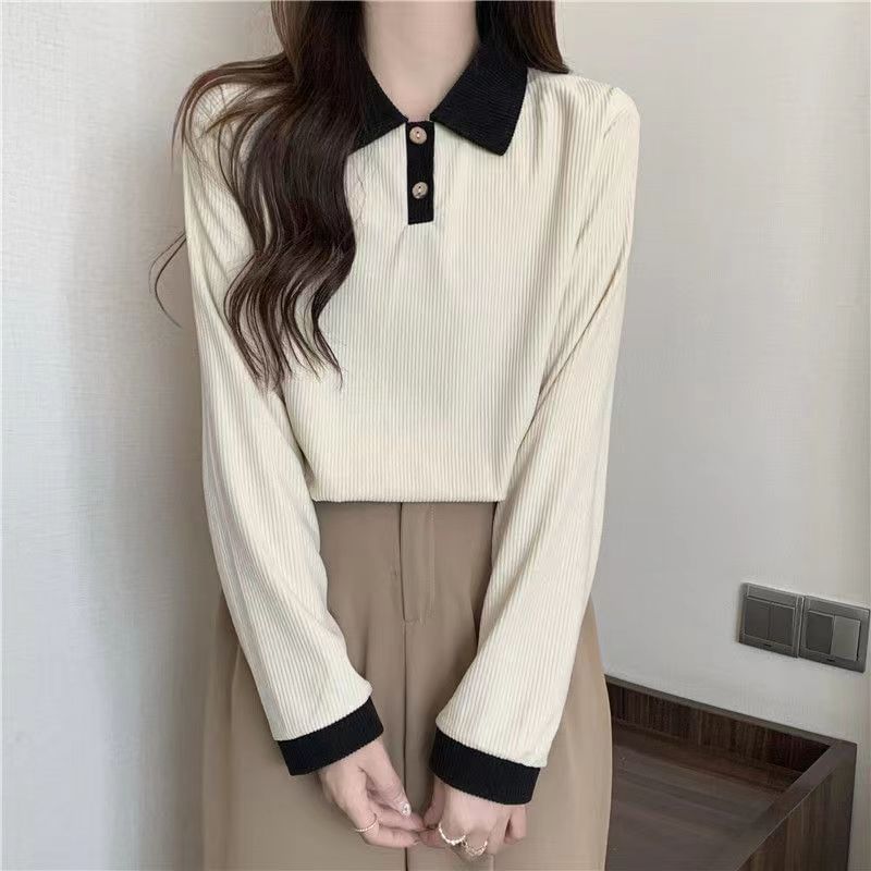 Long-Sleeve Shirt Polo Ribbed Contrast Trim