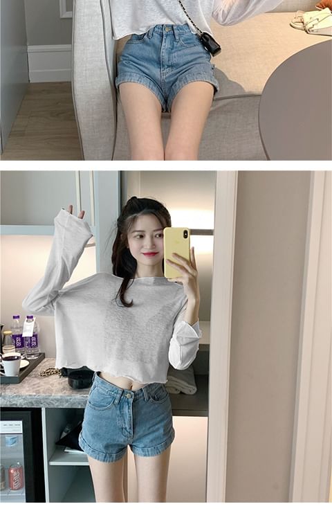 Long-Sleeve Crop Plain Sheer T-Shirt Off-Shoulder