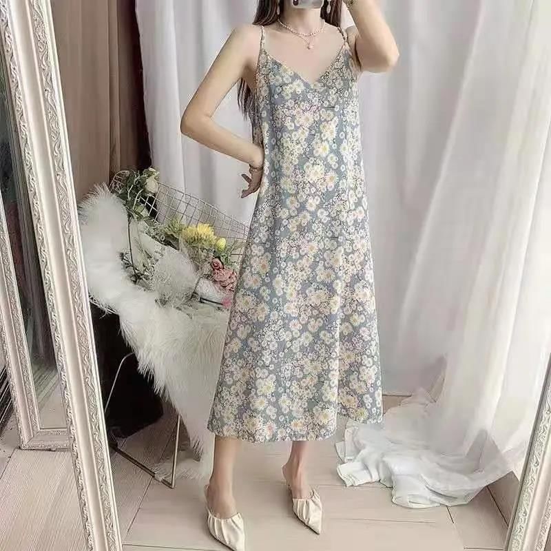 Midi Dress Spaghetti Print V-Neck Strap Floral Shift