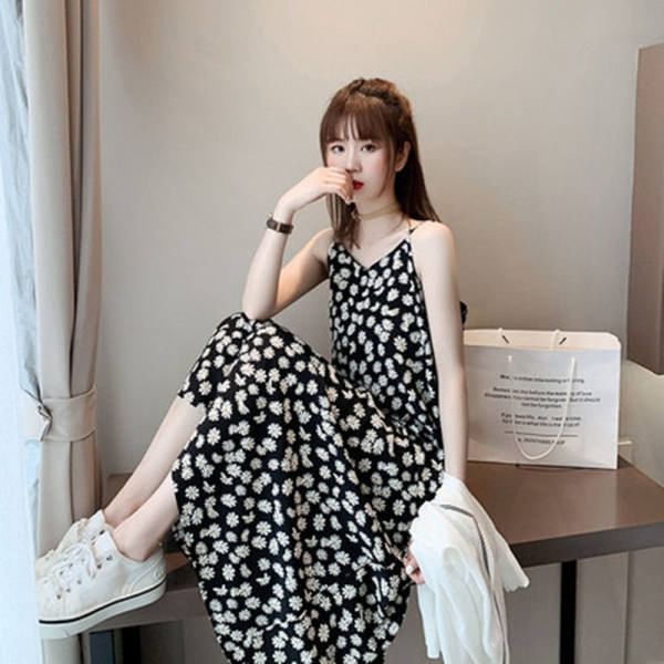Midi Dress Spaghetti Print V-Neck Strap Floral Shift