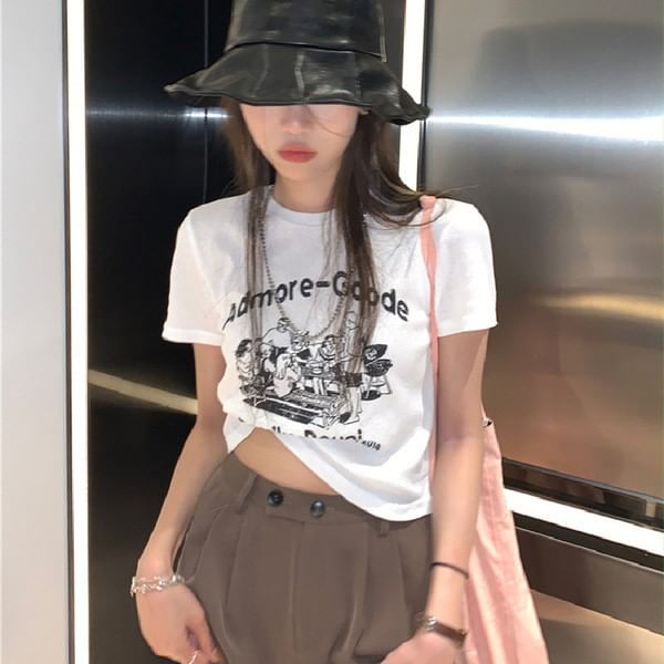 Lettering Print Crew T-Shirt Crop Short-Sleeve Neck