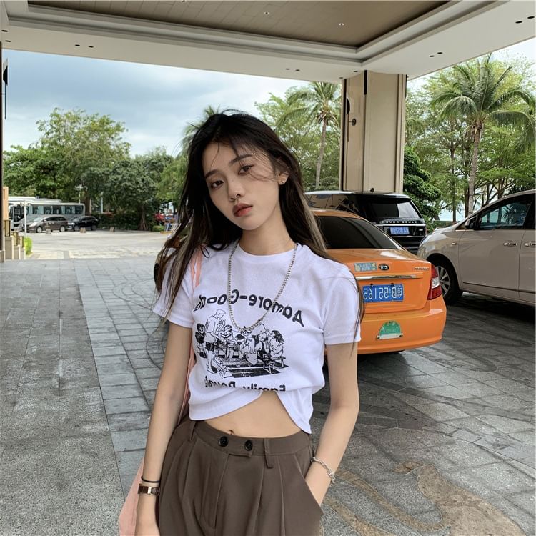 Lettering Print Crew T-Shirt Crop Short-Sleeve Neck