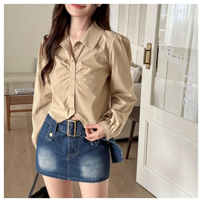 Collared Plain Ruched Shirt