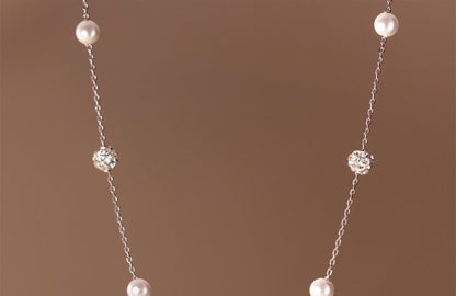 Faux Pearl Rhinestone Sterling Silver Necklace