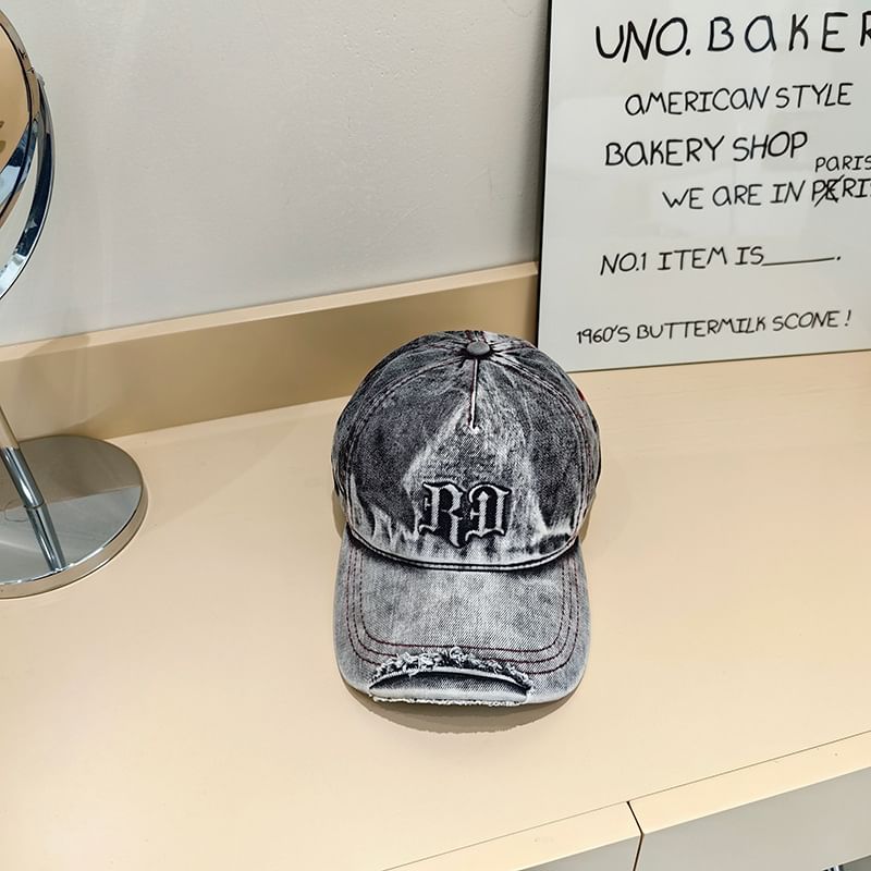 Denim Lettering Cap Washed Distressed Baseball