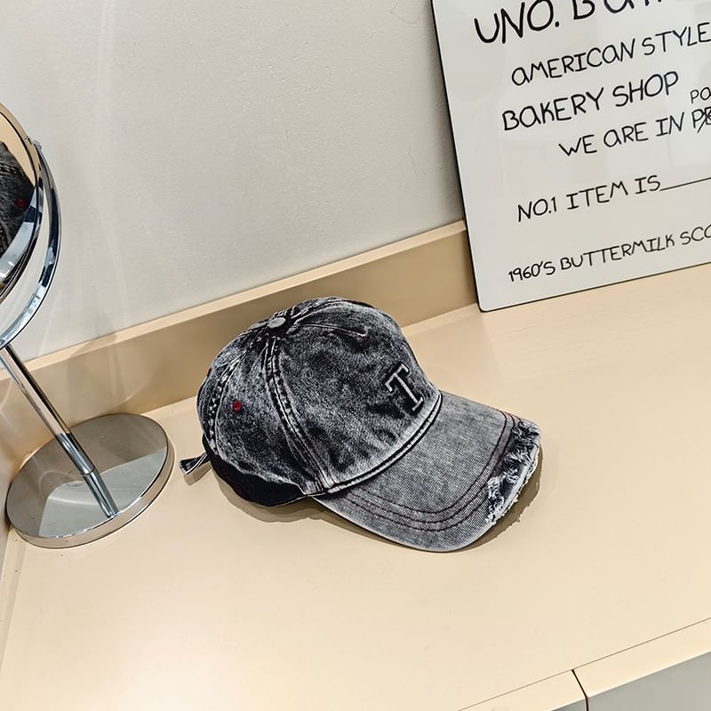 Denim Lettering Cap Washed Distressed Baseball