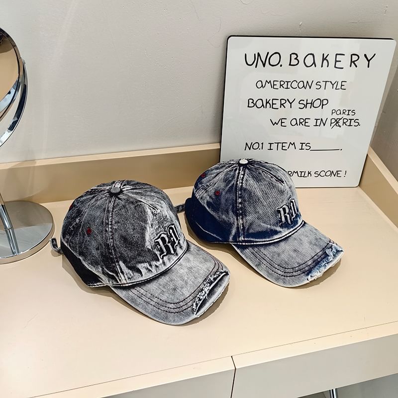 Lettering Distressed Washed Denim Baseball Cap