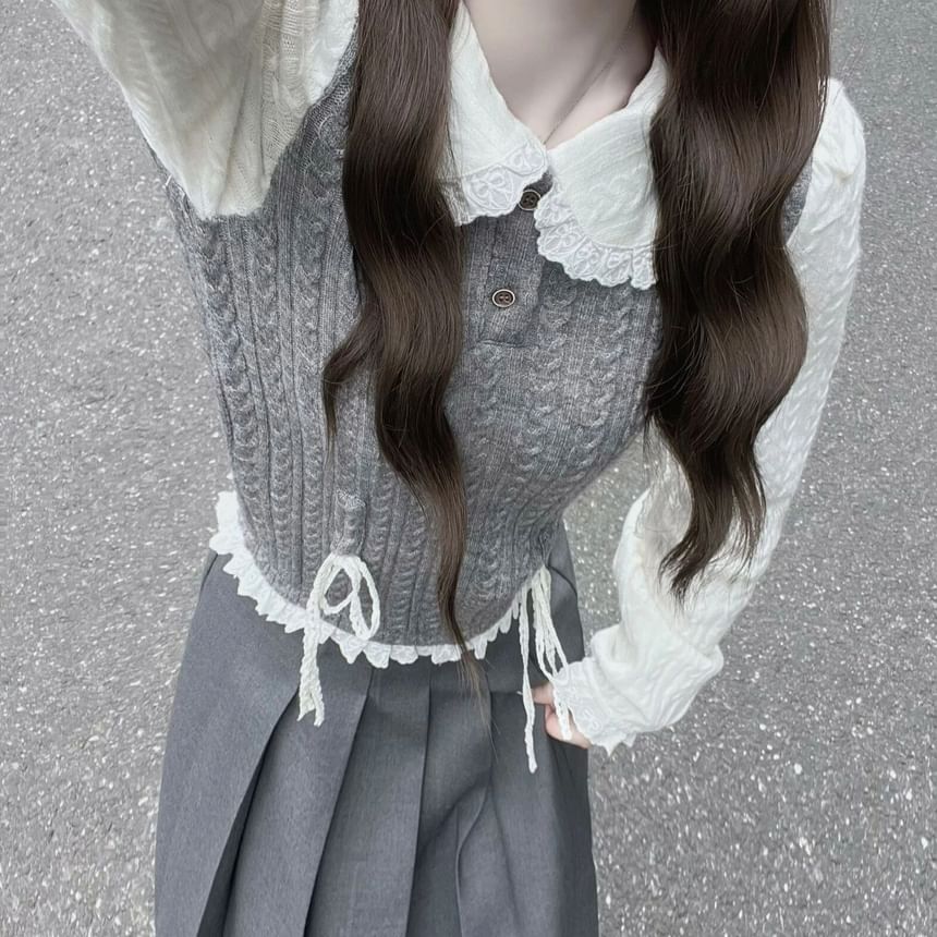 / Top Mock Two-Piece Buttoned Half Long-Sleeve Pleated Skirt Knit