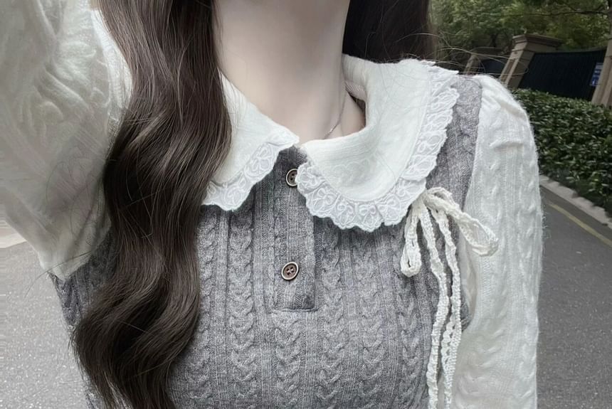 / Top Mock Two-Piece Buttoned Half Long-Sleeve Pleated Skirt Knit