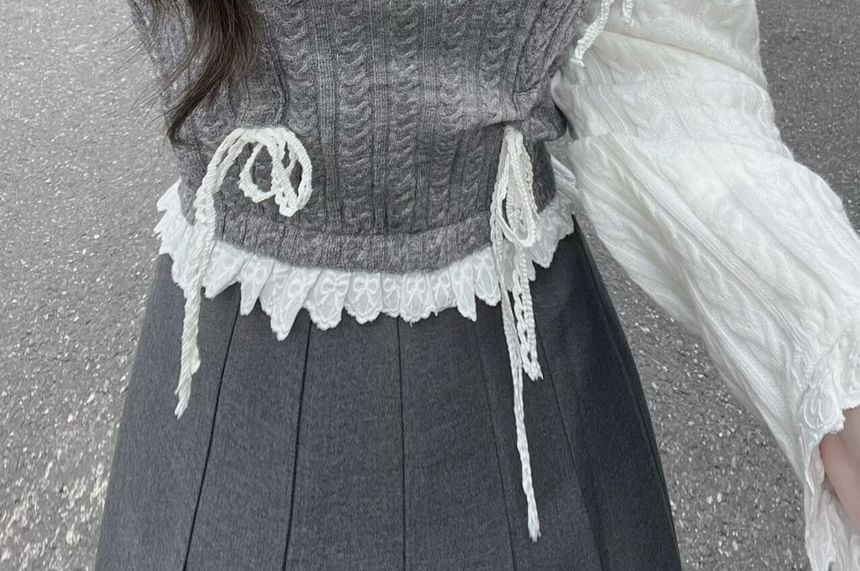 / Top Mock Two-Piece Buttoned Half Long-Sleeve Pleated Skirt Knit