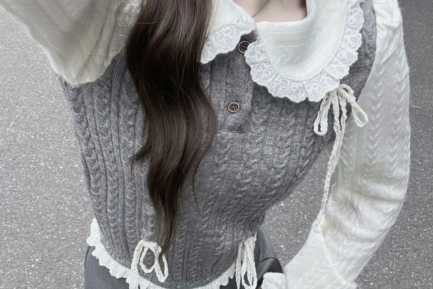 / Top Mock Two-Piece Buttoned Half Long-Sleeve Pleated Skirt Knit