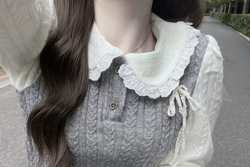 / Top Mock Two-Piece Buttoned Half Long-Sleeve Pleated Skirt Knit