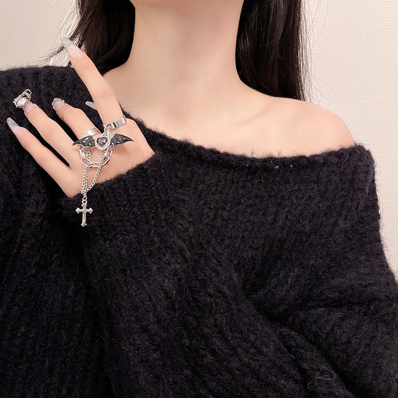 Heart Bat Alloy Double Wing Cross Ring