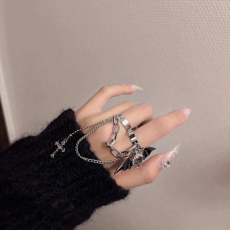 Heart Bat Alloy Double Wing Cross Ring