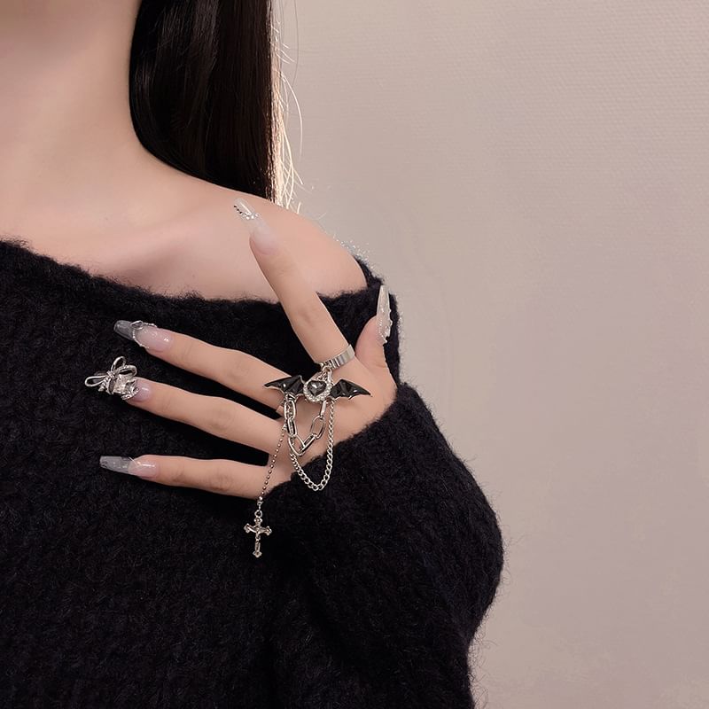 Heart Bat Alloy Double Wing Cross Ring