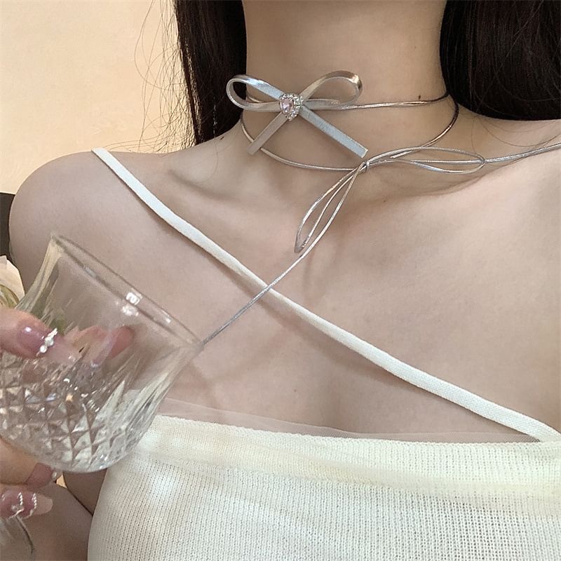 Heart Ribbon Choker Leather Faux Rhinestone