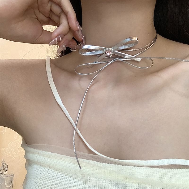 Heart Ribbon Choker Leather Faux Rhinestone