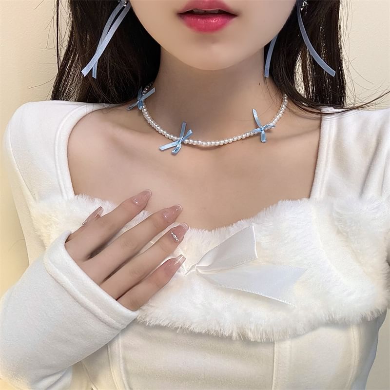 Faux Choker Pearl Ribbon