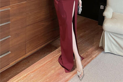 Sleeveless V-Neck Plain Slit Panel Mesh Maxi Sheath Dress