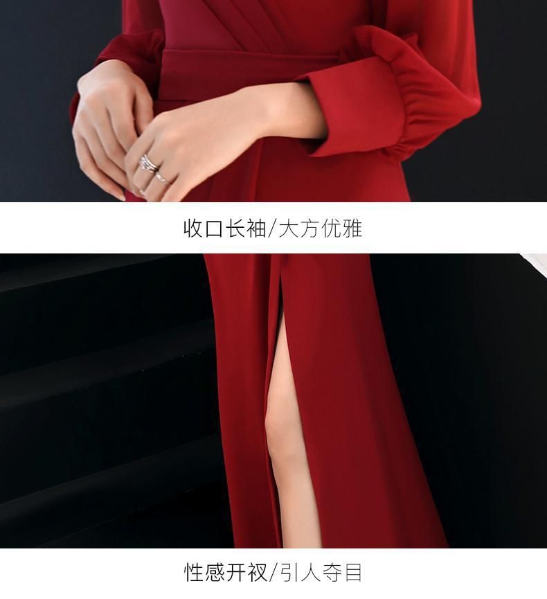 Long-Sleeve V-Neck Plain Ruched Slit Maxi Sheath Dress