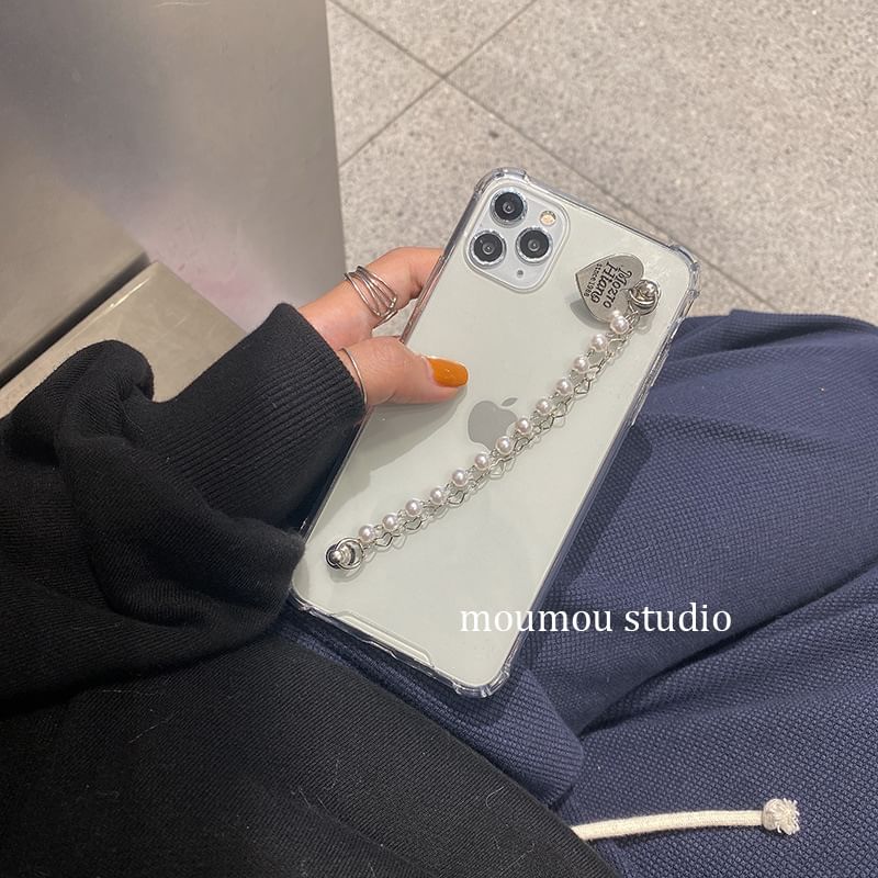 Case Faux Pearl Heart Strap Phone