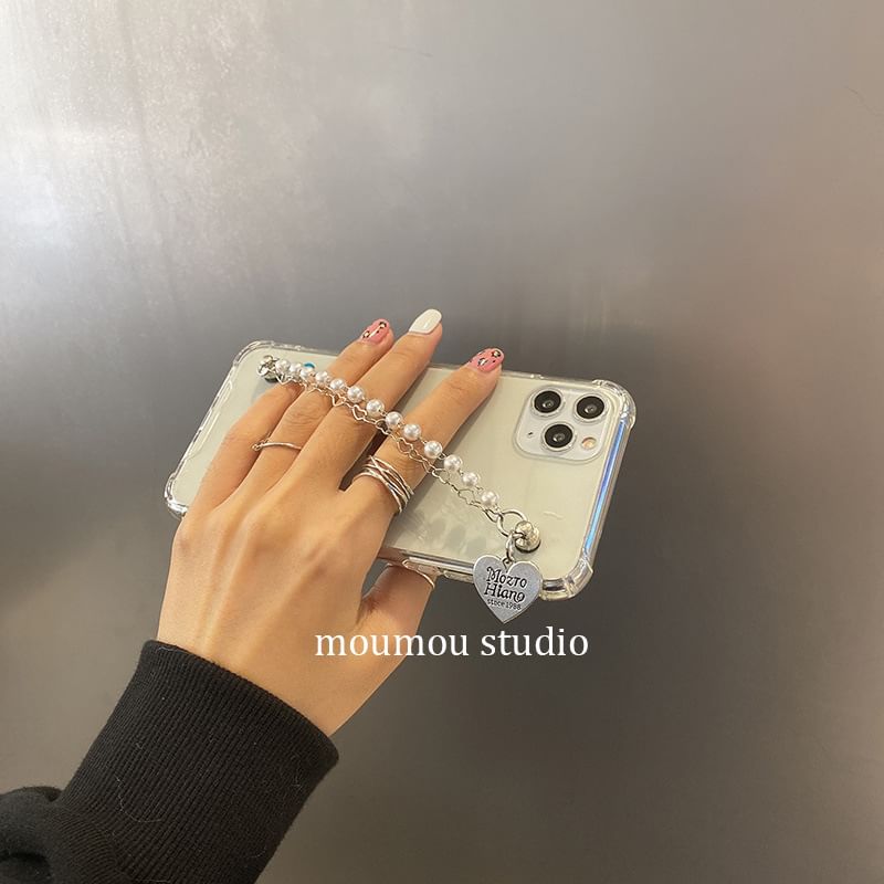 Case Faux Pearl Heart Strap Phone