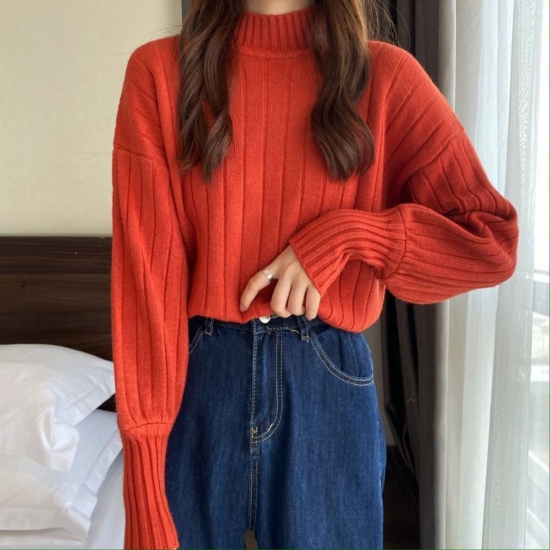 Mock Sweater Neck Ribbed Plain