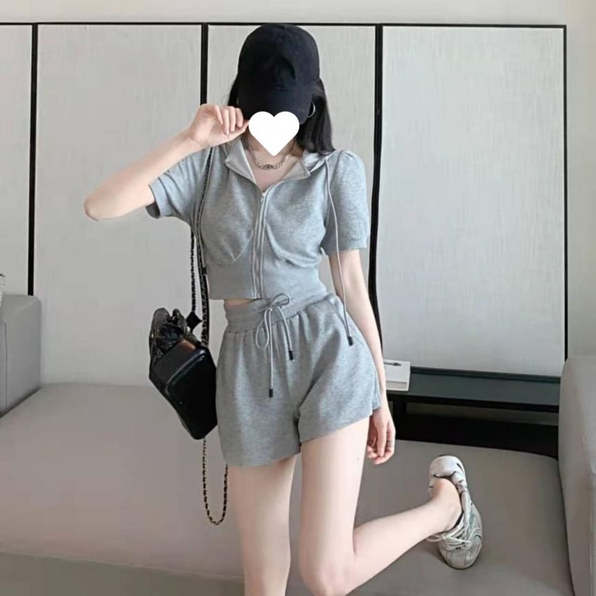Set: Hoodie + Shorts Drawstring Sweat Zip Short-Sleeve Waist Plain