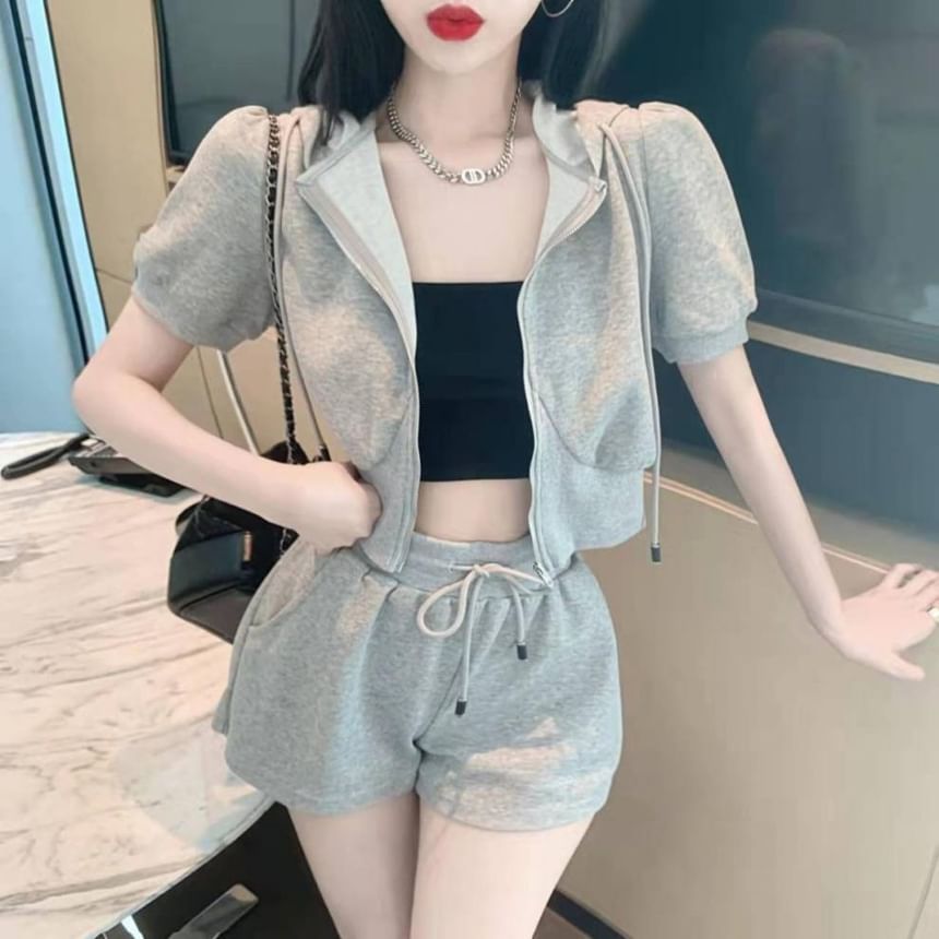 Set: Hoodie + Shorts Drawstring Sweat Zip Short-Sleeve Waist Plain