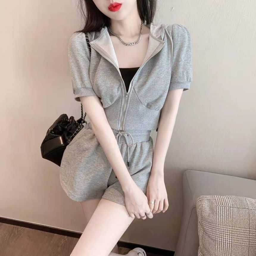 Set: Hoodie + Shorts Drawstring Sweat Zip Short-Sleeve Waist Plain