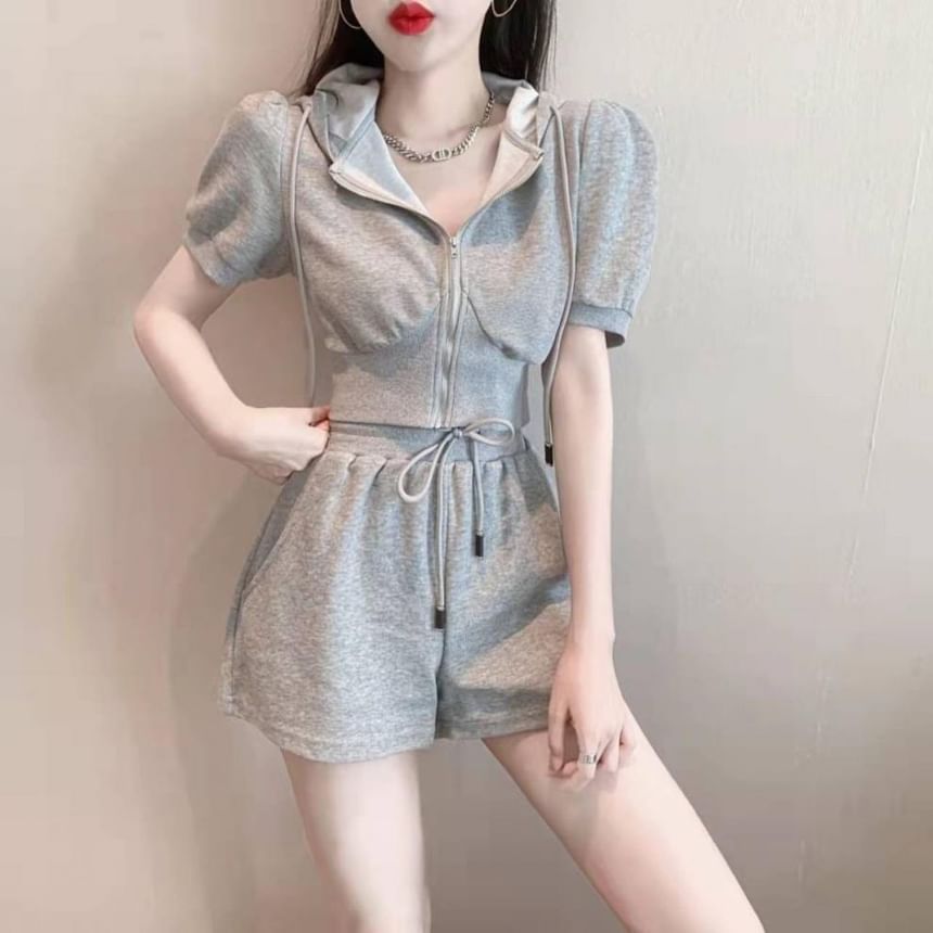 Set: Hoodie + Shorts Drawstring Sweat Zip Short-Sleeve Waist Plain
