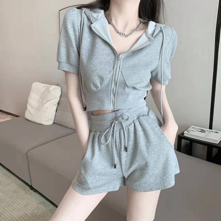 Set: Hoodie + Shorts Drawstring Sweat Zip Short-Sleeve Waist Plain