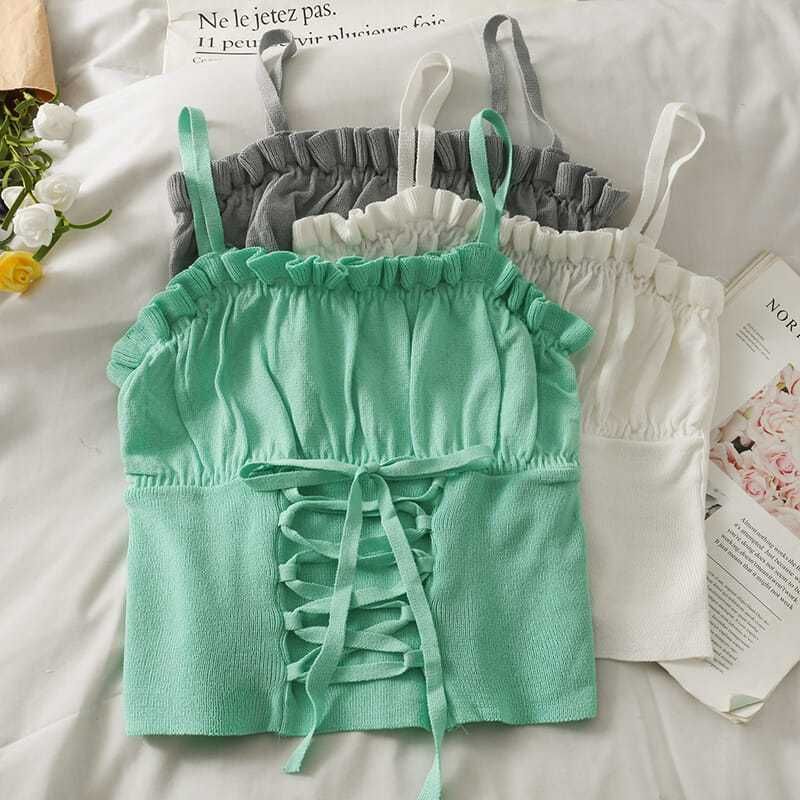 Camisole Up Top Lace Ruched Crop Plain