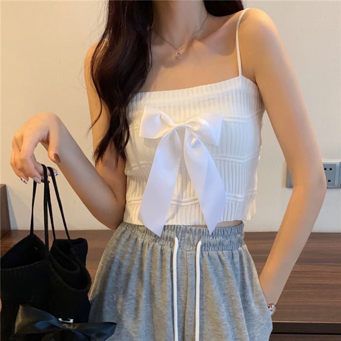 Ribbed Knit Bow Camisole Top Plain