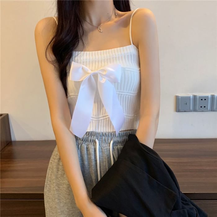 Ribbed Knit Bow Camisole Top Plain