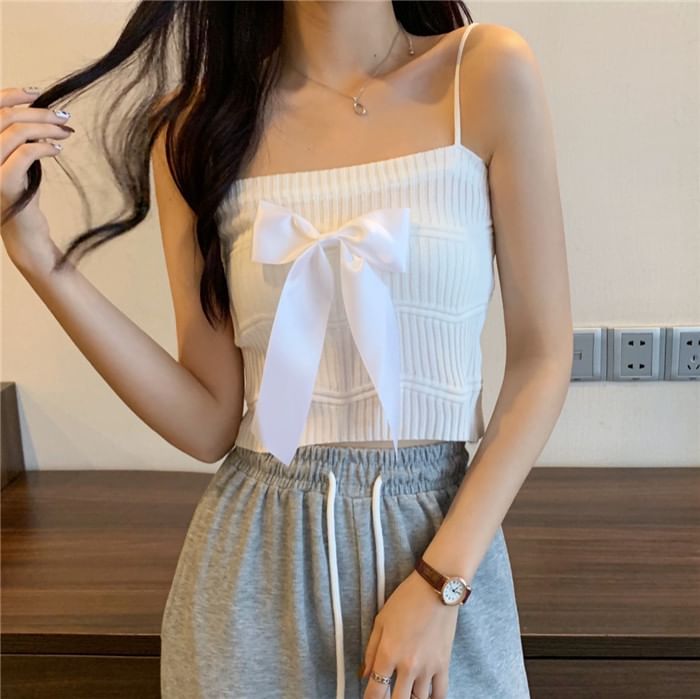 Ribbed Knit Bow Camisole Top Plain
