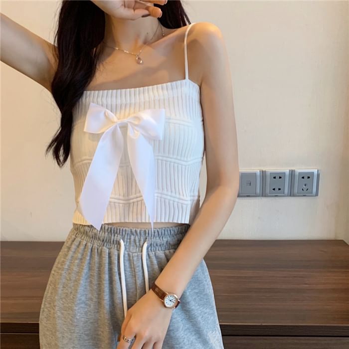 Ribbed Knit Bow Camisole Top Plain