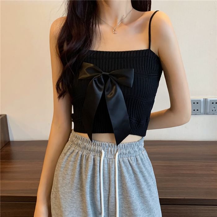Ribbed Knit Bow Camisole Top Plain