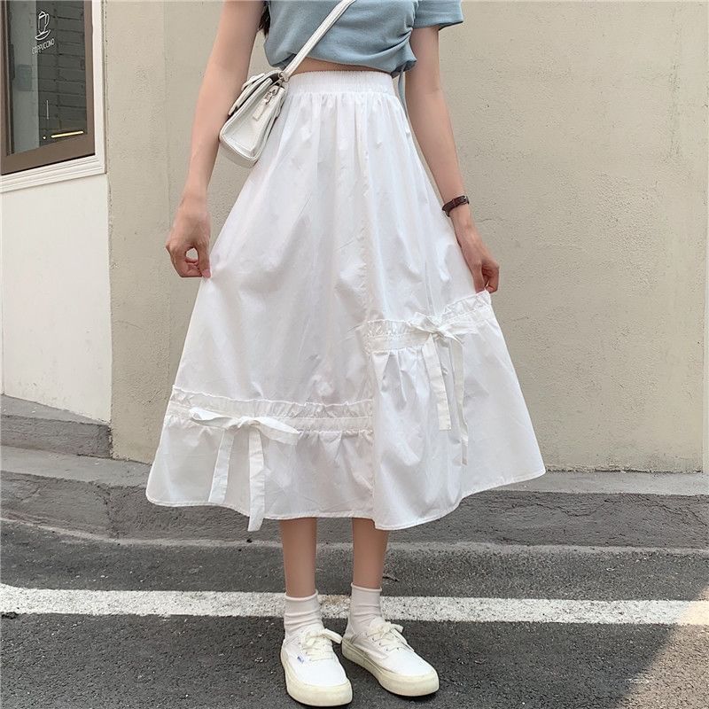 Midi Plain Waist Skirt Panel Elastic A-Line Bow
