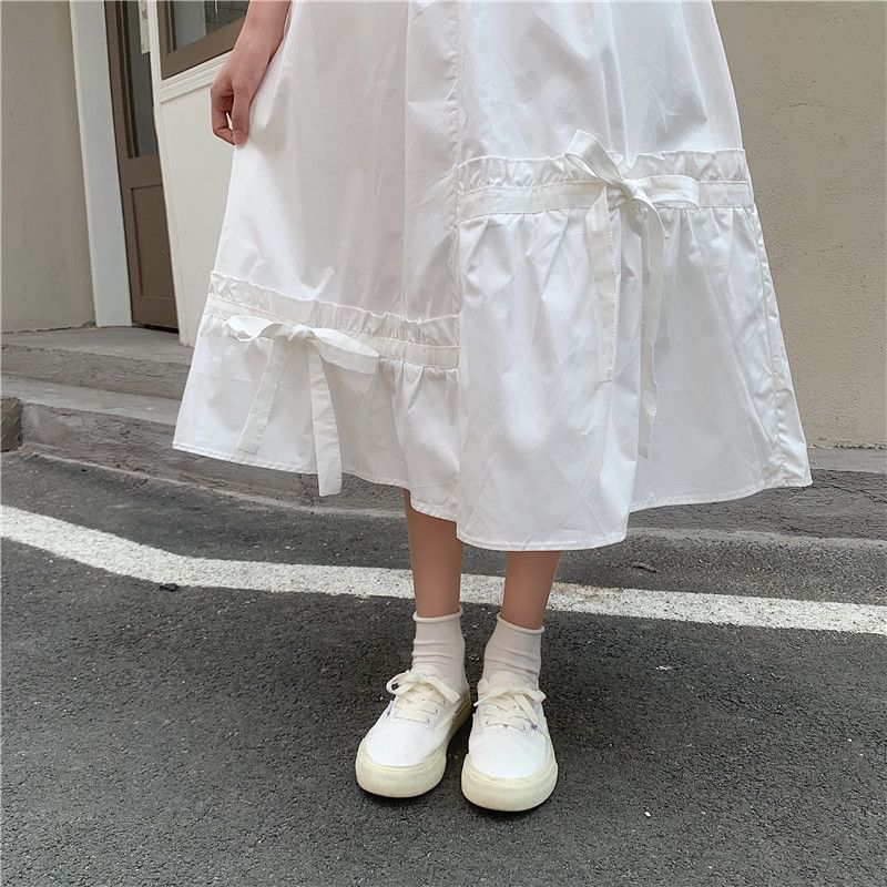 Midi Plain Waist Skirt Panel Elastic A-Line Bow