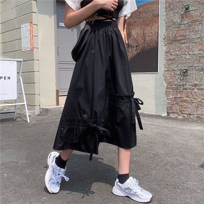 Midi Plain Waist Skirt Panel Elastic A-Line Bow