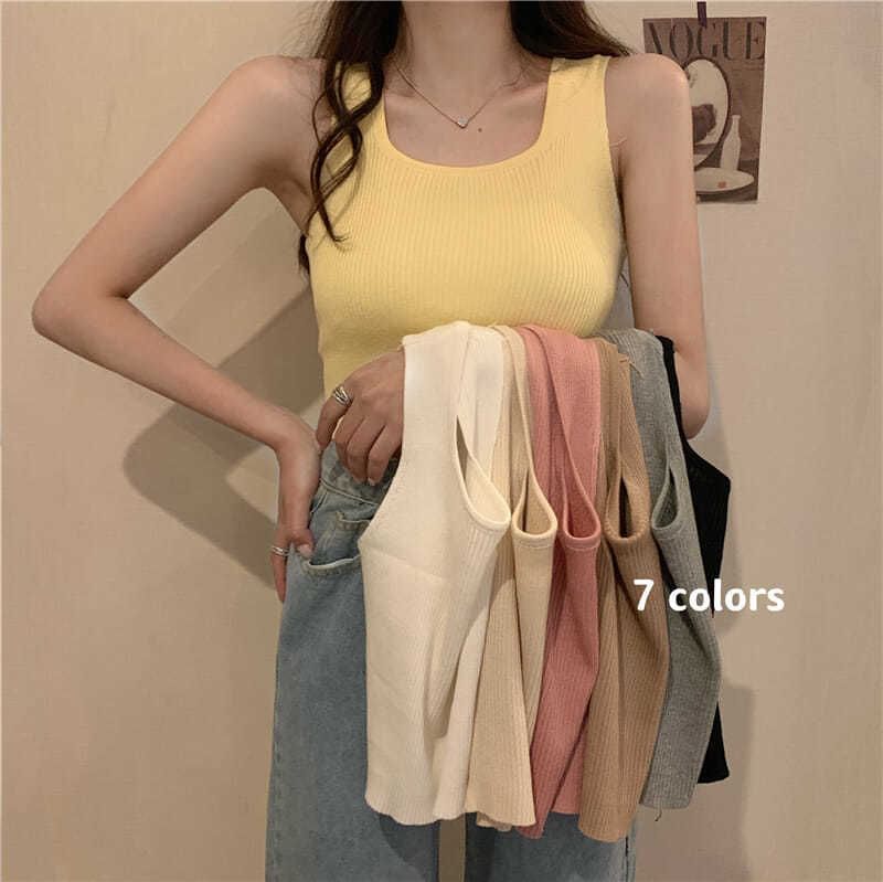 Top Plain Square Tank Neck Ribbed Knit