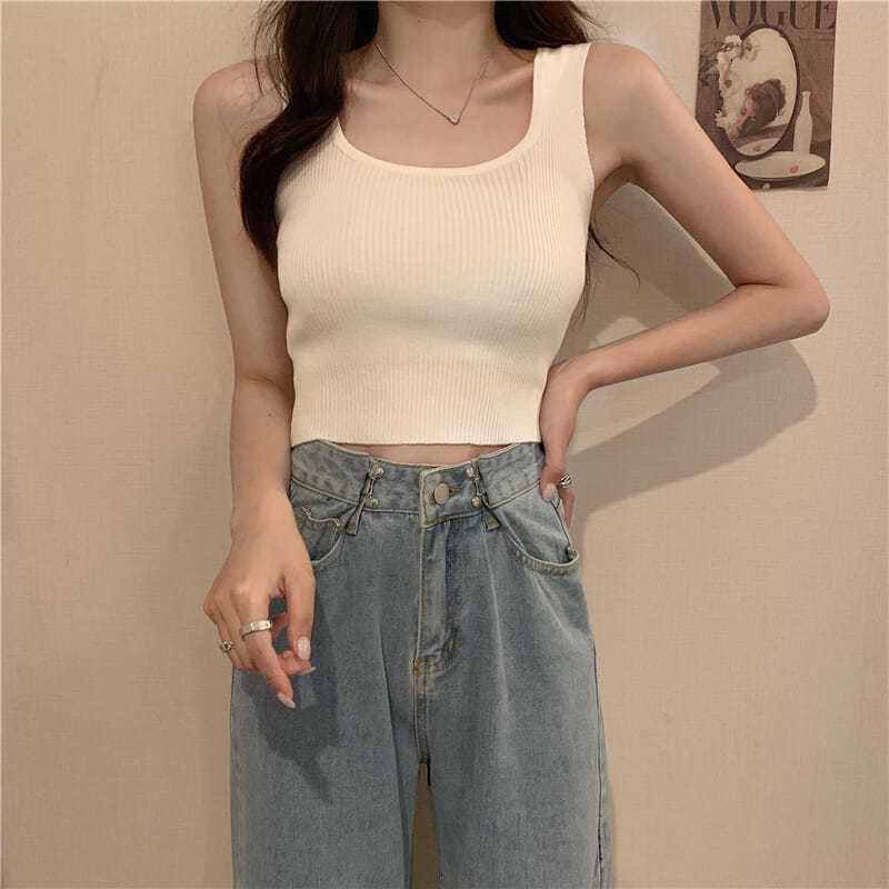 Top Plain Square Tank Neck Ribbed Knit