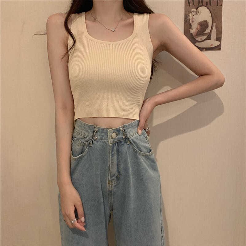Top Plain Square Tank Neck Ribbed Knit