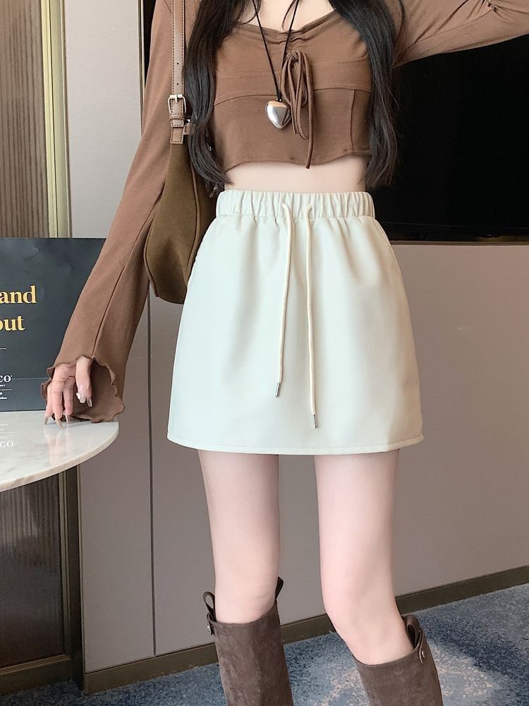 Drawstring Mini Faux Leather Skirt Plain A-Line Waist