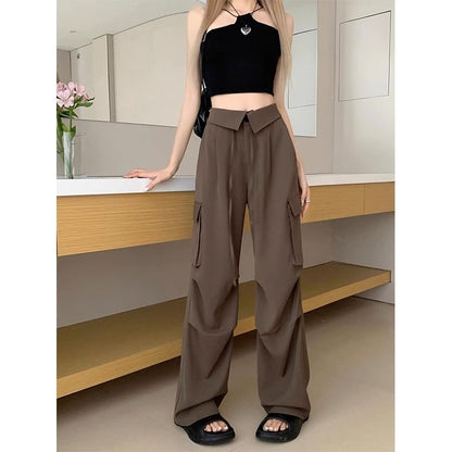 High Waist Folded Waistline Plain Pocket Straight-Fit Wide-Leg Cargo Pants