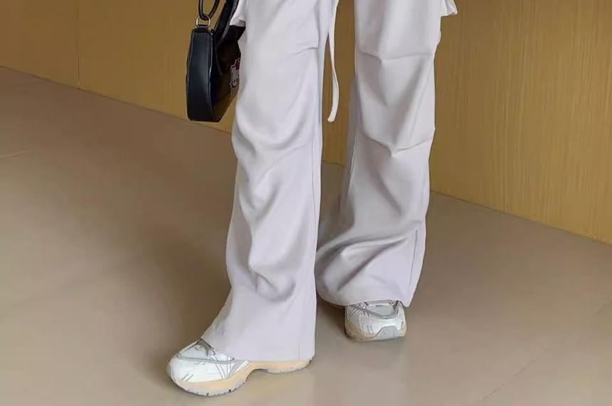 High Waist Folded Waistline Plain Pocket Straight-Fit Wide-Leg Cargo Pants