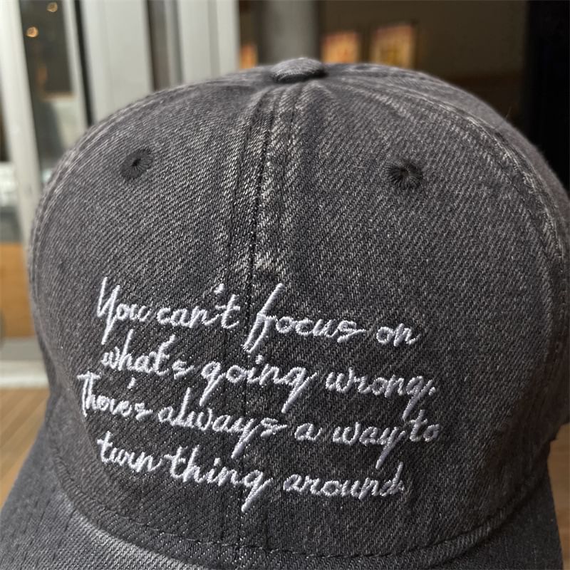 Lettering Washed Embroidered Baseball Denim Cap