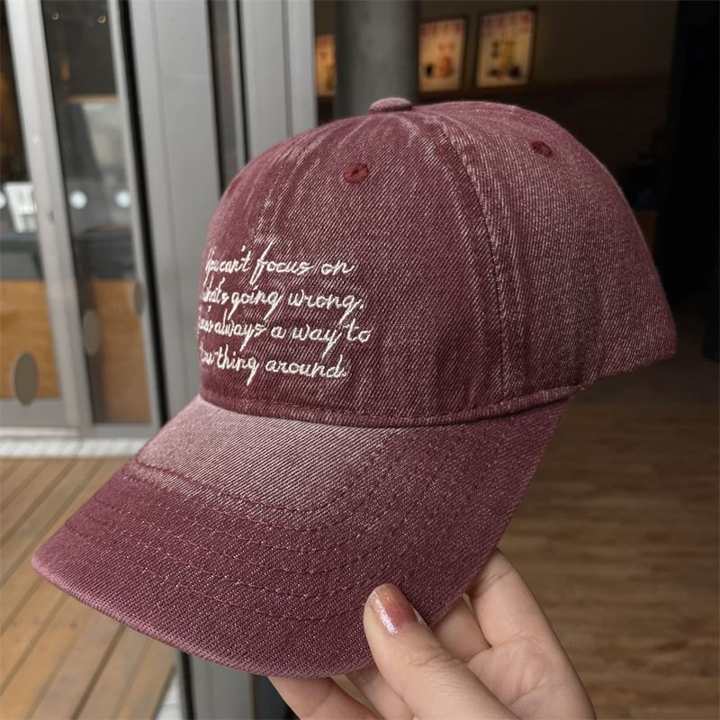 Lettering Washed Embroidered Baseball Denim Cap
