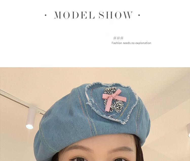 Rhinestone Bow Beret Denim Applique Heart